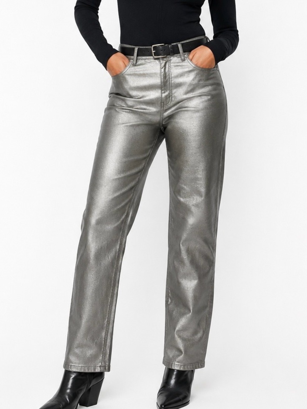 Yest Metallic Silver Coated Straight Leg Pants Size 14 NWT